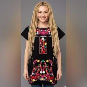 YZXDORWJ Black Multi-Colored Embroidery Mexican Boho Short Peasant Dress Small